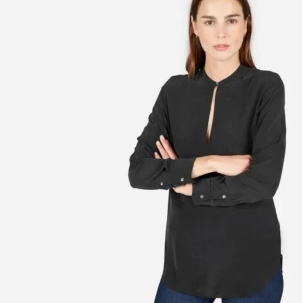 NWOT Everlane 100% Silk Deep Split Neck Button Long Sleeve Shirt